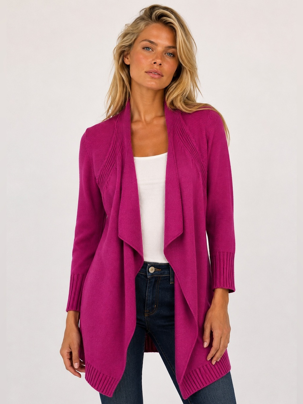Talbots Magenta Open Front Cardigan Cotton Knit Parisian Scandi Cottagecore MP